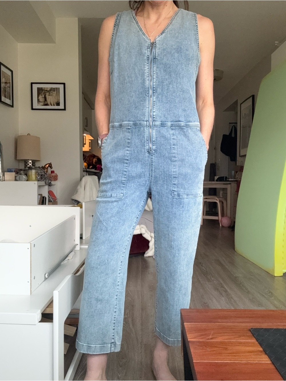 DU/ER Performance Denim Sleeveless Zip-Front Jumpsuit M